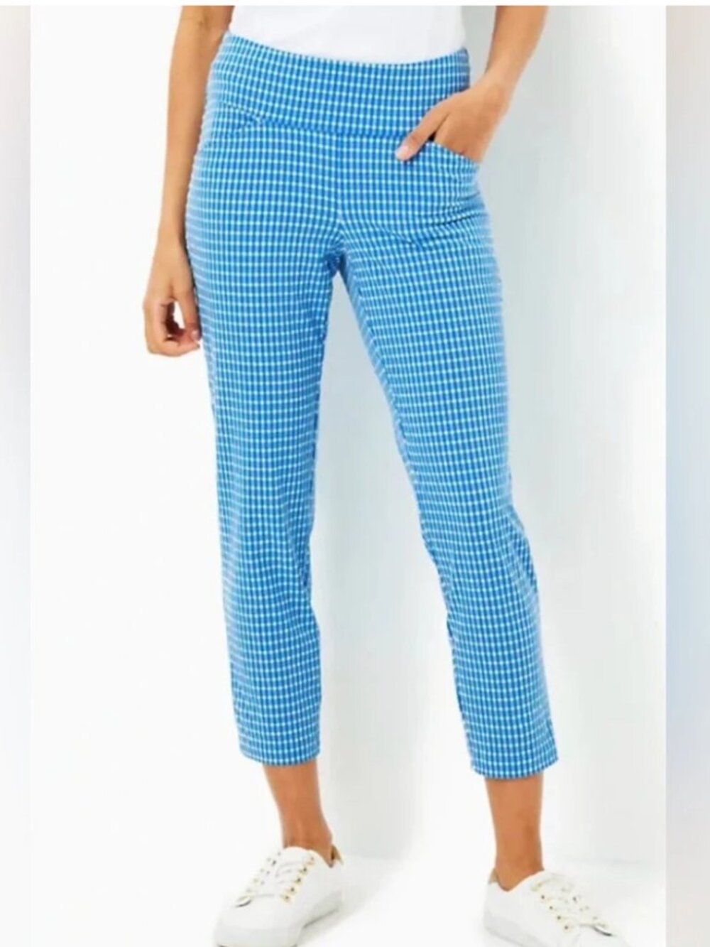 Lilly Pulitzer Luxletic Corso Cropped Pull On Pant Sz 10 Blue Gingham UPF 50+